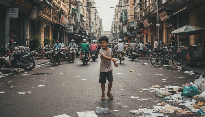Con vứt rác bừa bãi