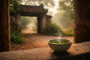 bàn tay người cao tuổi cầm bát chè sành trong buổi sáng yên tĩnh