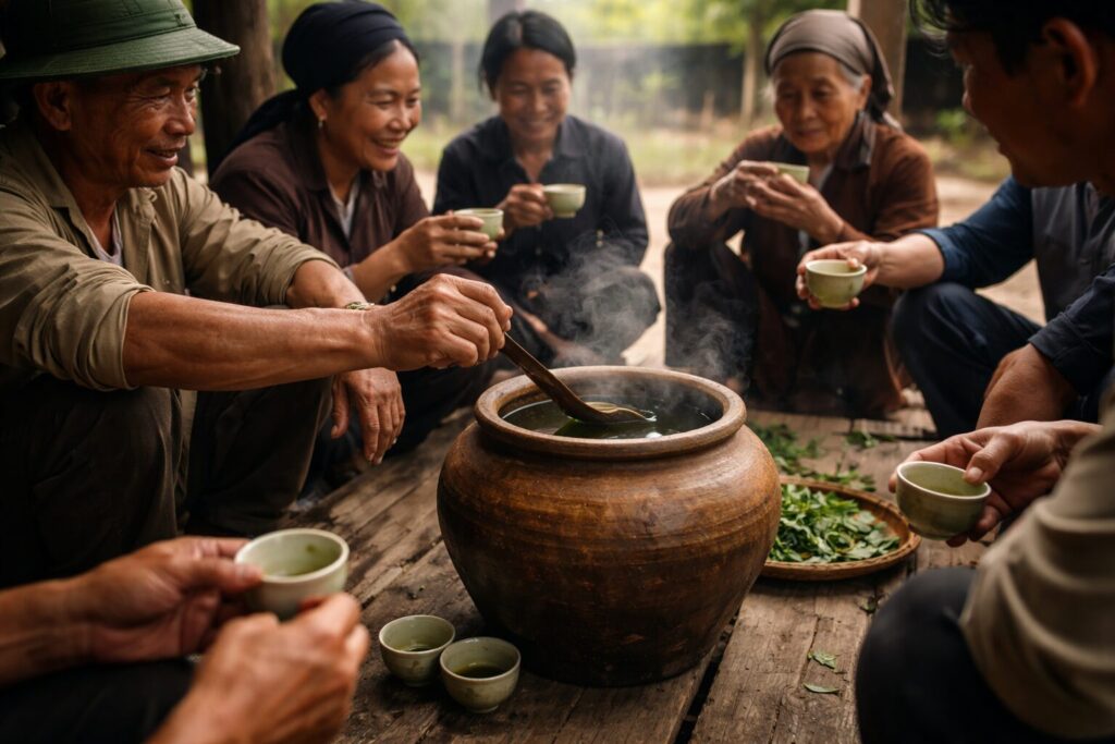 nồi chè lớn được chia sẻ trong buổi quây quần của xóm làng