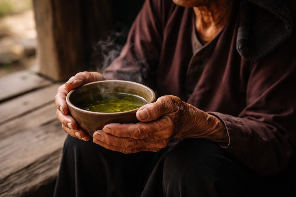bát nước chè xanh với làn khói mảnh trong buổi sáng đầu ngõ