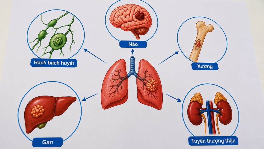 Ung thư phổi có thể di căn đến não, xương, gan và nhiều cơ quan khác. Tìm hiểu các vị trí di căn thường gặp.