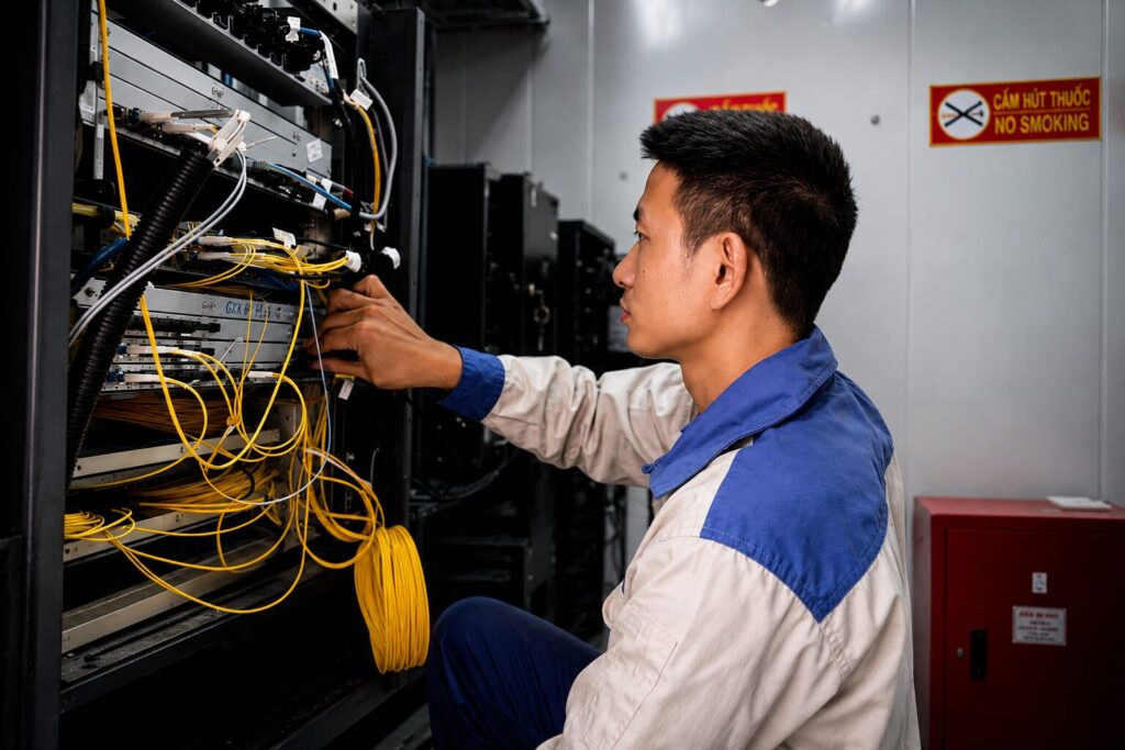 Đỗ Quang Thủy thực hiện kiểm tra hệ thống cáp tại phòng thiết bị trong quá trình vận hành các trạm viễn thông vùng núi.