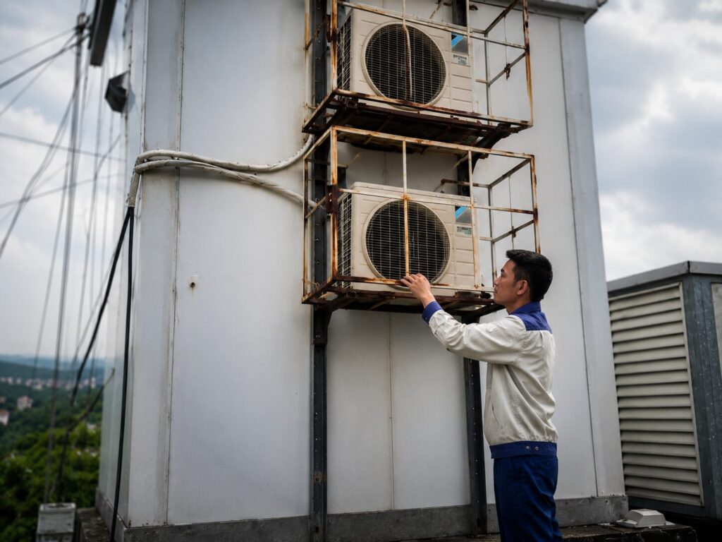 Đỗ Quang Thủy kiểm tra hệ thống làm mát tại trạm viễn thông ở Chí Linh, Hải Dương trong quá trình bảo dưỡng thiết bị.