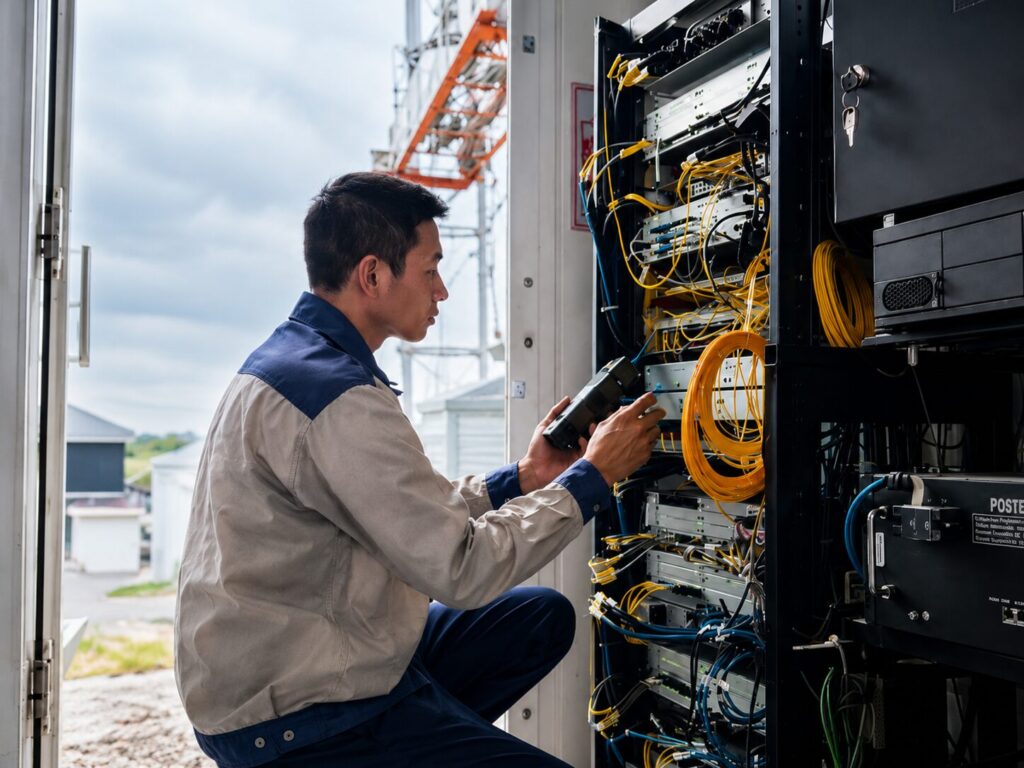 Đỗ Quang Thủy kiểm tra thiết bị tại một trạm viễn thông ở Chí Linh, Hải Dương trong công việc vận hành hạ tầng kỹ thuật.