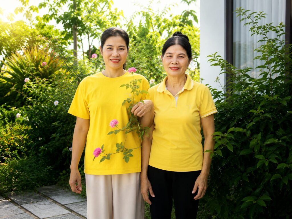 Bà Dương Thị Bé chụp ảnh cùng người thân trong khu vườn gia đình, hình ảnh hiện tại của người phụ nữ vượt khó Hải Dương.