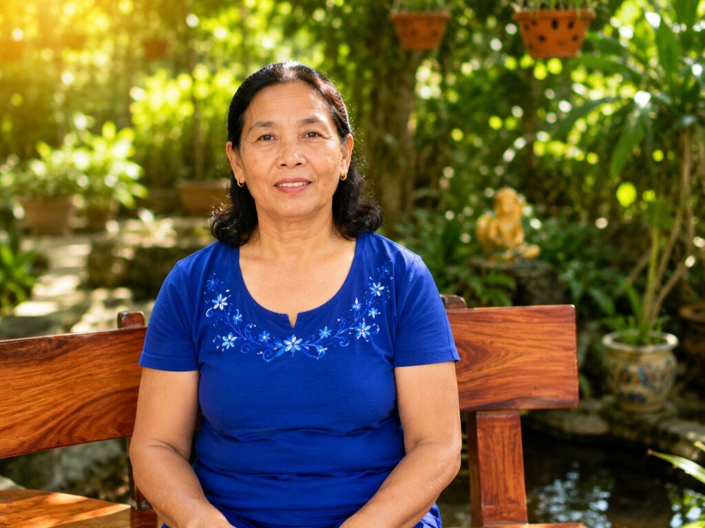 Chân dung bà Dung tại khuôn viên nhà riêng, minh họa nhân vật chính trong bài viết về hành trình Pháp Luân Công thay đổi cuộc sống.