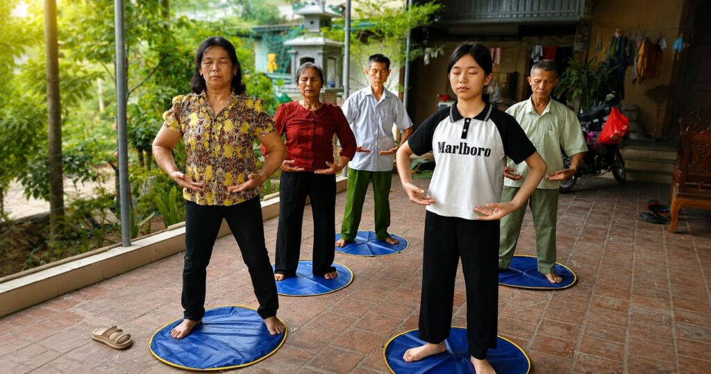 Bà Dung cùng các thành viên trong gia đình luyện công tại sân nhà, minh họa hành trình Pháp Luân Công thay đổi cuộc sống và nếp sinh hoạt thường ngày của gia đình.