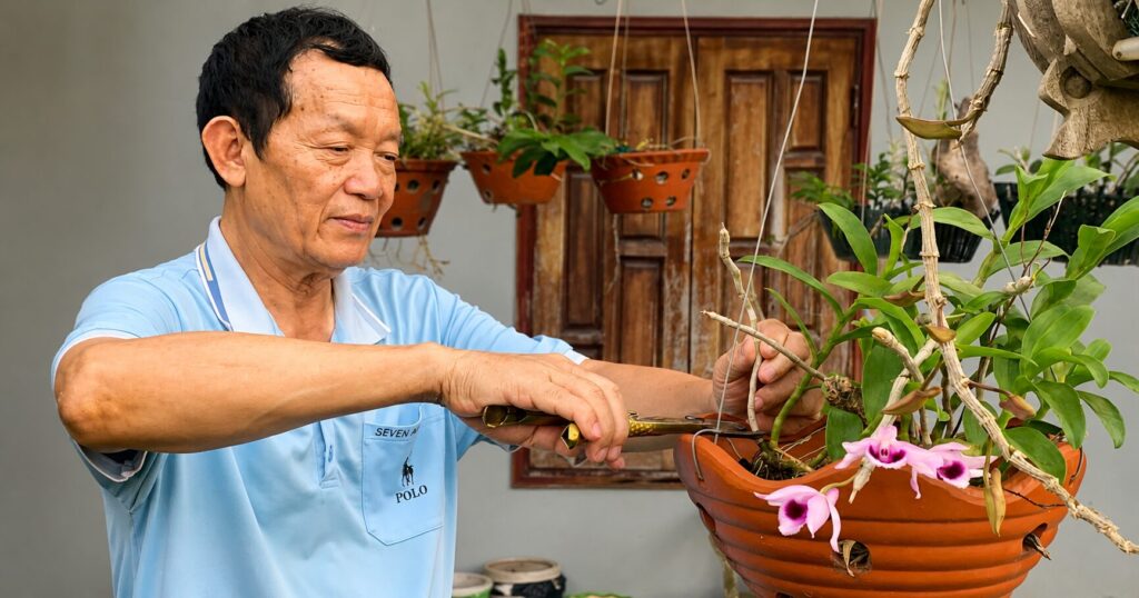Ông Ngô Chí Ngọ chăm sóc giàn lan trên sân thượng nhà riêng, một thú vui thường ngày gắn với cuộc sống tuổi già bình dị.