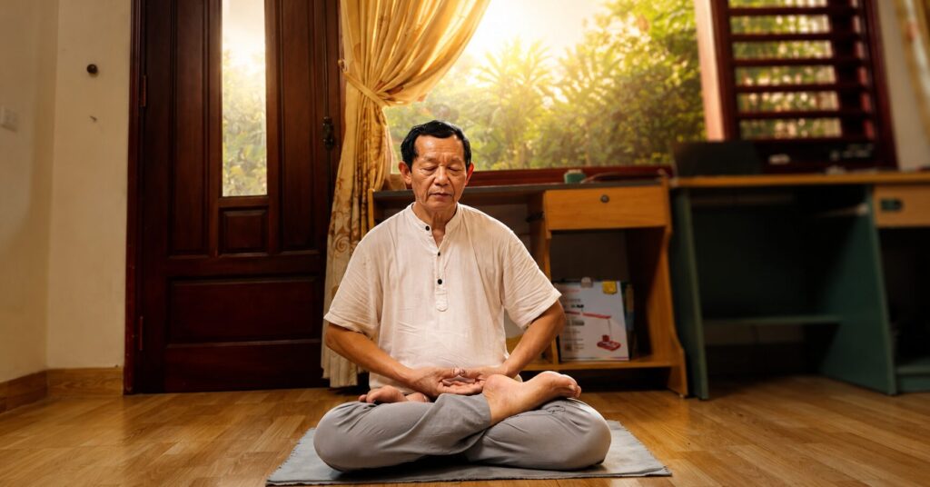 Ông Ngô Chí Ngọ ngồi thiền vào buổi sáng theo nếp sinh hoạt được duy trì đều đặn nhiều năm nay.
