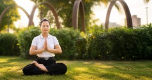 Chị Phan Thị Lợi ngồi thiền trong công viên sau hành trình vượt ung thư vòm họng, minh họa chân dung nhân vật trong phóng sự đời sống.