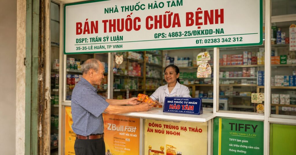 Bà Trần Thị Tâm, bà chủ tiệm thuốc Chợ Vinh, tư vấn và bán thuốc cho khách tại quầy của Nhà thuốc Hảo Tâm ở TP Vinh, Nghệ An.
