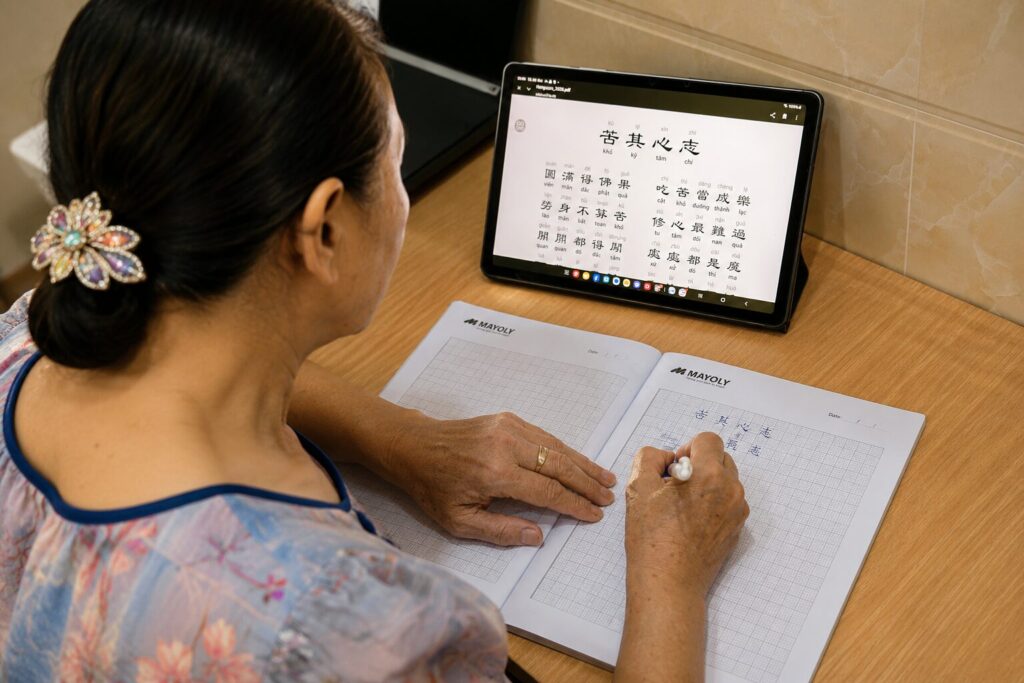 Bà Trần Thị Tâm chép chữ Hán theo tài liệu hiển thị trên máy tính bảng tại nhà trong quá trình duy trì việc học hằng ngày.
