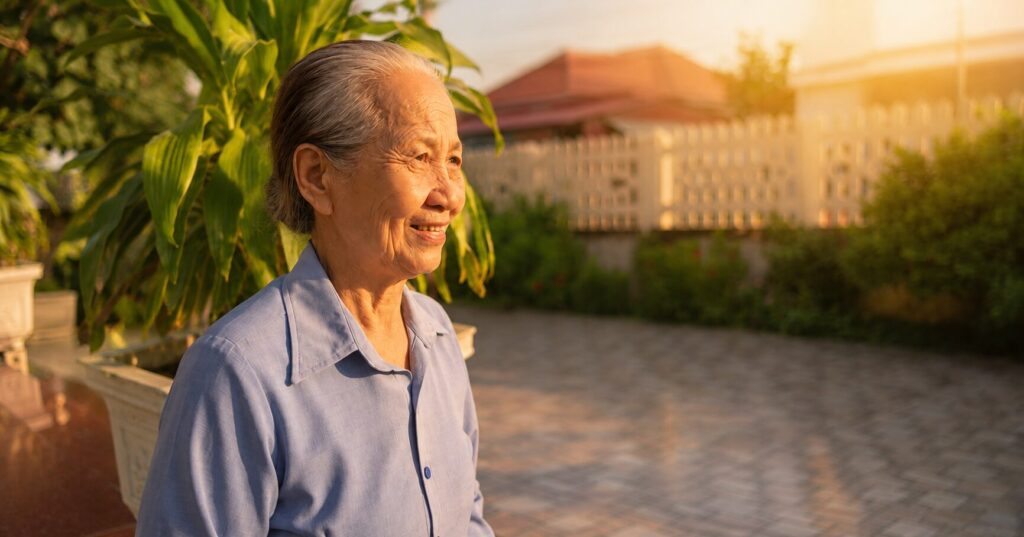 Bà Nguyễn Thị Sinh đứng trước sân nhà tại xã Biện Thượng, huyện Vĩnh Lộc, Thanh Hóa. Hình ảnh minh họa chân dung nhân vật trong bài viết về hành trình thay đổi cuộc sống.