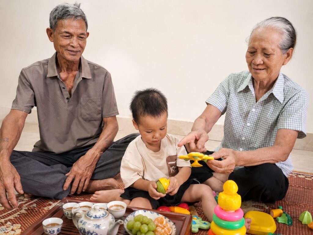 Bà Nguyễn Thị Sinh cùng chồng và cháu nhỏ quây quần tại hiên nhà ở xã Biện Thượng, huyện Vĩnh Lộc, Thanh Hóa trong sinh hoạt hằng ngày.