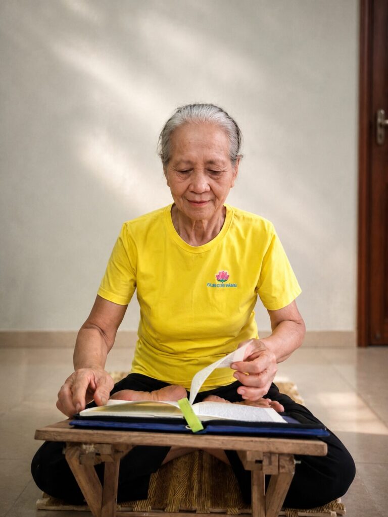 Bà Nguyễn Thị Sinh đọc sách tại nhà riêng ở xã Biện Thượng, huyện Vĩnh Lộc, Thanh Hóa. Hình ảnh minh họa sinh hoạt thường ngày của nhân vật.