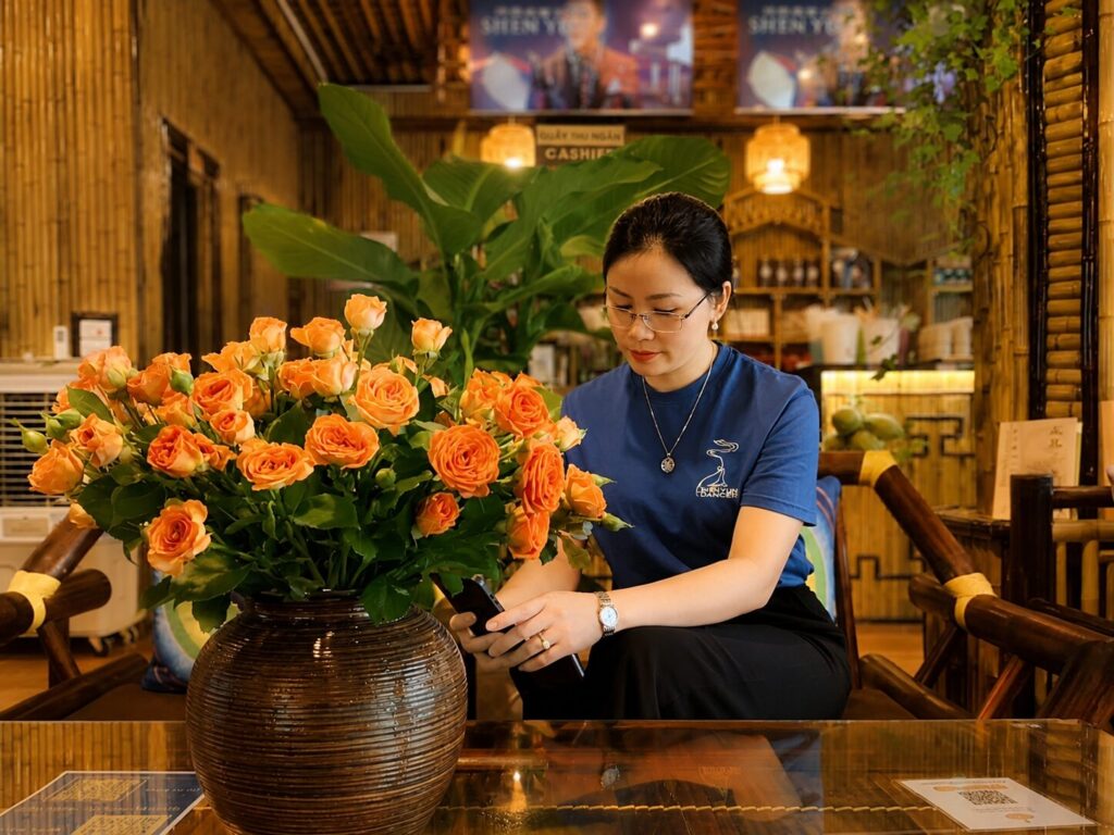 Chị Thủy Vĩnh Phúc ngồi tại khu vực phục vụ của quán Tinh Hoa, theo dõi công việc thường nhật trong không gian kinh doanh.