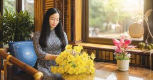 Chị Thủy Vĩnh Phúc ngồi bên bàn hoa tại quán Tinh Hoa, hình ảnh mở đầu phác họa cuộc sống bình yên sau hành trình nhiều biến cố.
