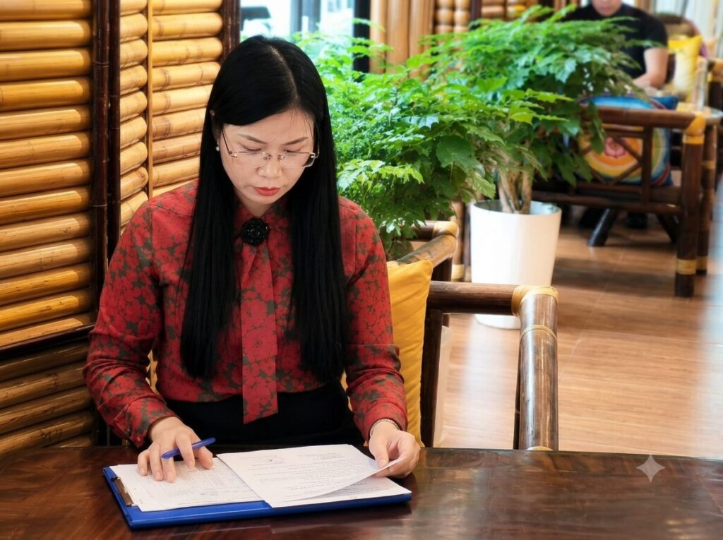 Chị Thủy Vĩnh Phúc làm việc với hồ sơ và máy tính tại quán Tinh Hoa, đảm nhiệm công việc quản lý hằng ngày.