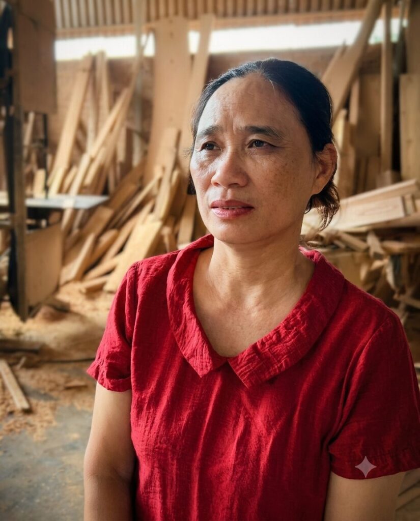 Chân dung bà Nguyễn Thị Mùi tại xưởng mộc của gia đình, khép lại câu chuyện về hành trình buông bỏ hận thù và gìn giữ cuộc sống bình yên.