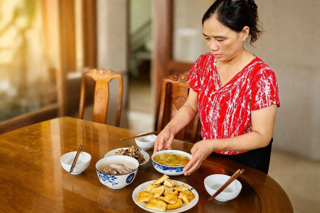 Bà Nguyễn Thị Mùi chuẩn bị bữa cơm tại nhà, hình ảnh minh họa cuộc sống đời thường sau hành trình buông bỏ hận thù và ổn định cuộc sống gia đình.