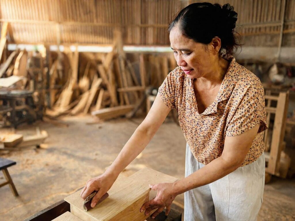 Bà Nguyễn Thị Mùi làm việc tại xưởng mộc của gia đình, hình ảnh phản ánh cuộc sống lao động gắn bó với nghề sau nhiều năm vượt qua nghịch cảnh.