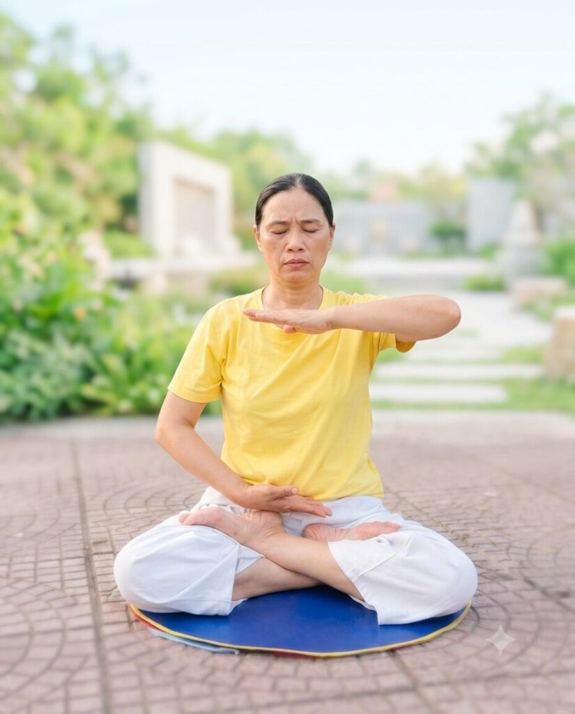 Bà Nguyễn Thị Mùi luyện công ngoài trời, hình ảnh gắn với giai đoạn thay đổi sức khỏe và tinh thần trong hành trình buông bỏ hận thù.