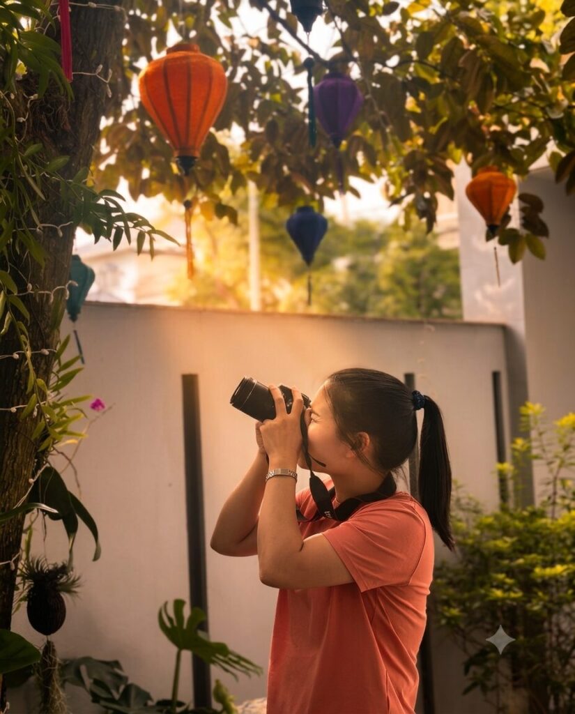 Nguyễn Thị Ánh Văn cầm máy ảnh tại khu vườn gần nhà. Hoạt động thường ngày phản ánh nhịp sống bình dị của cô sau hành trình gắn bó với Pháp Luân Công.