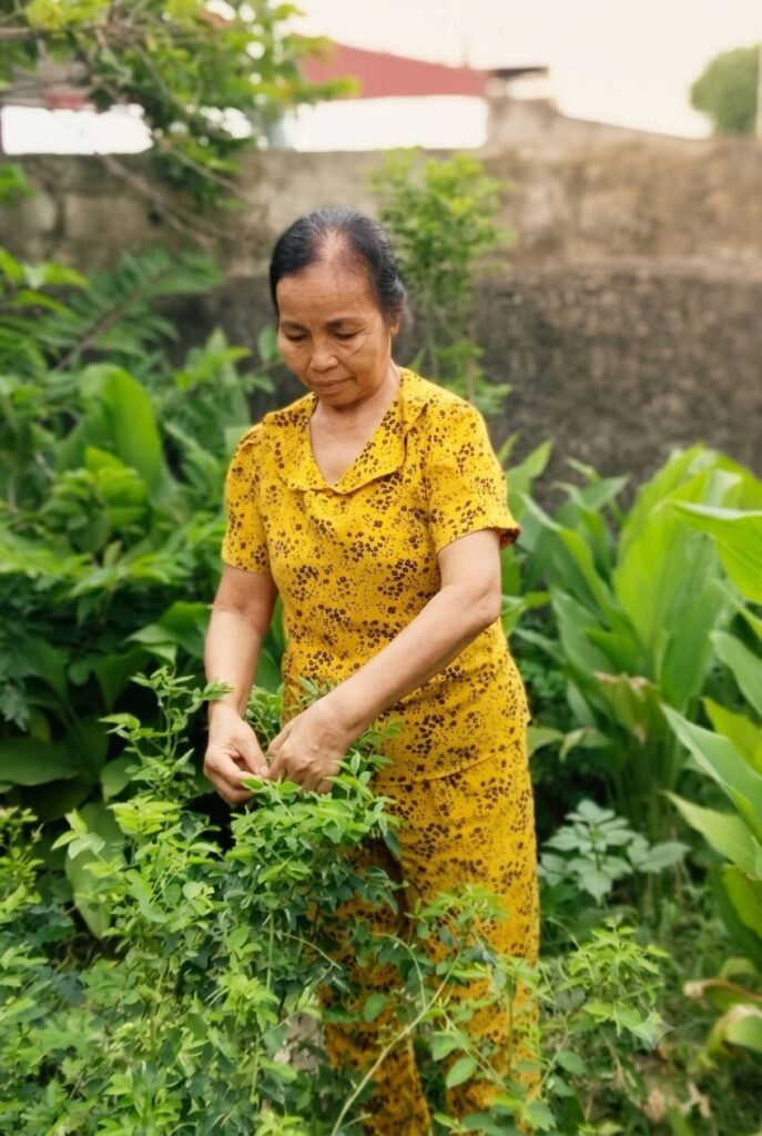Bà Nguyễn Thị Thanh chăm sóc khu vườn tại nhà ở xã Biện Thượng, Thanh Hóa, nơi gắn với cuộc sống thường nhật của gia đình.