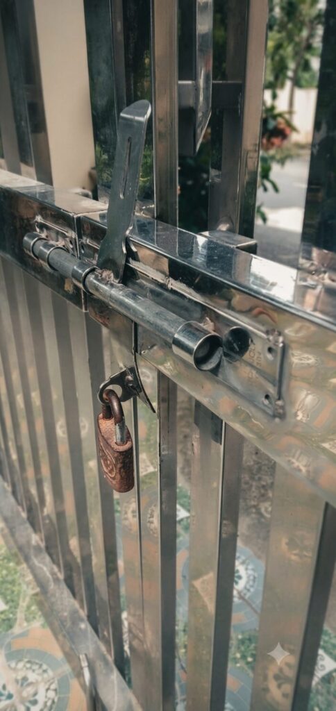 Cánh cổng inox tại nhà bà Nguyễn Thị Thanh ở xã Biện Thượng, Thanh Hóa, chi tiết gắn với biến cố từng được nhắc trong câu chuyện của gia đình.