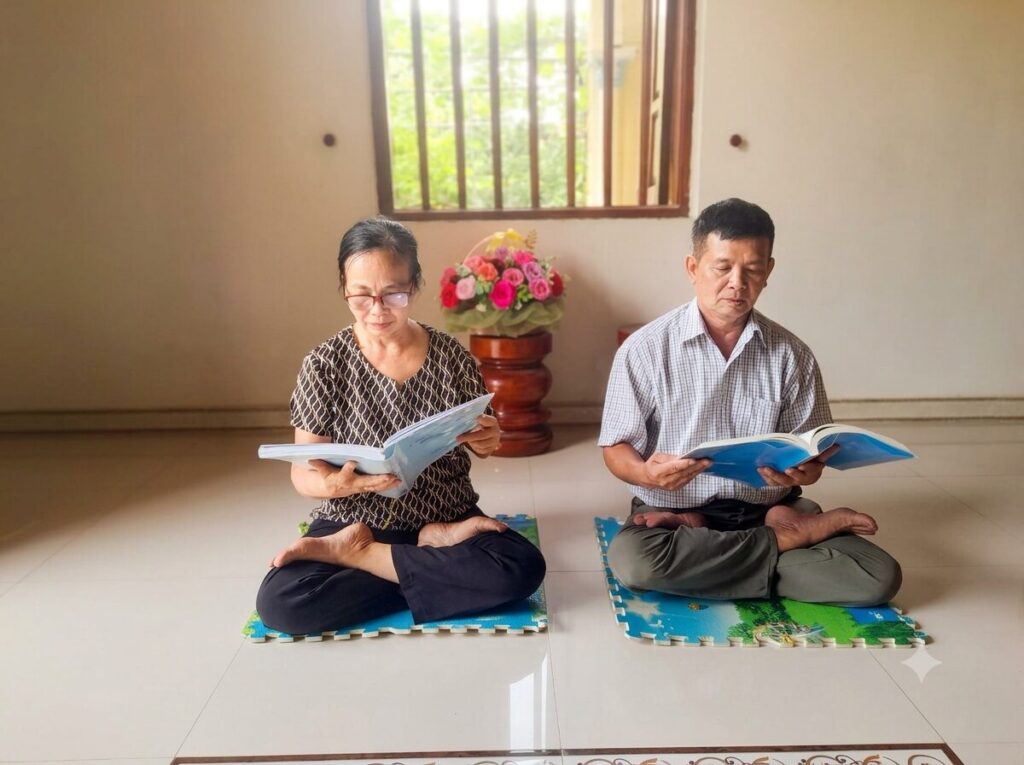 Bà Nguyễn Thị Thanh cùng chồng đọc sách tại nhà ở xã Biện Thượng, Thanh Hóa, trong sinh hoạt thường ngày của gia đình.