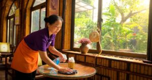Hà Thị Ngọc Lan lau dọn bàn tại quán cà phê ở Vĩnh Phúc, nơi bà bắt đầu cuộc sống mới sau nhiều biến cố trong hành trình đổi đời.