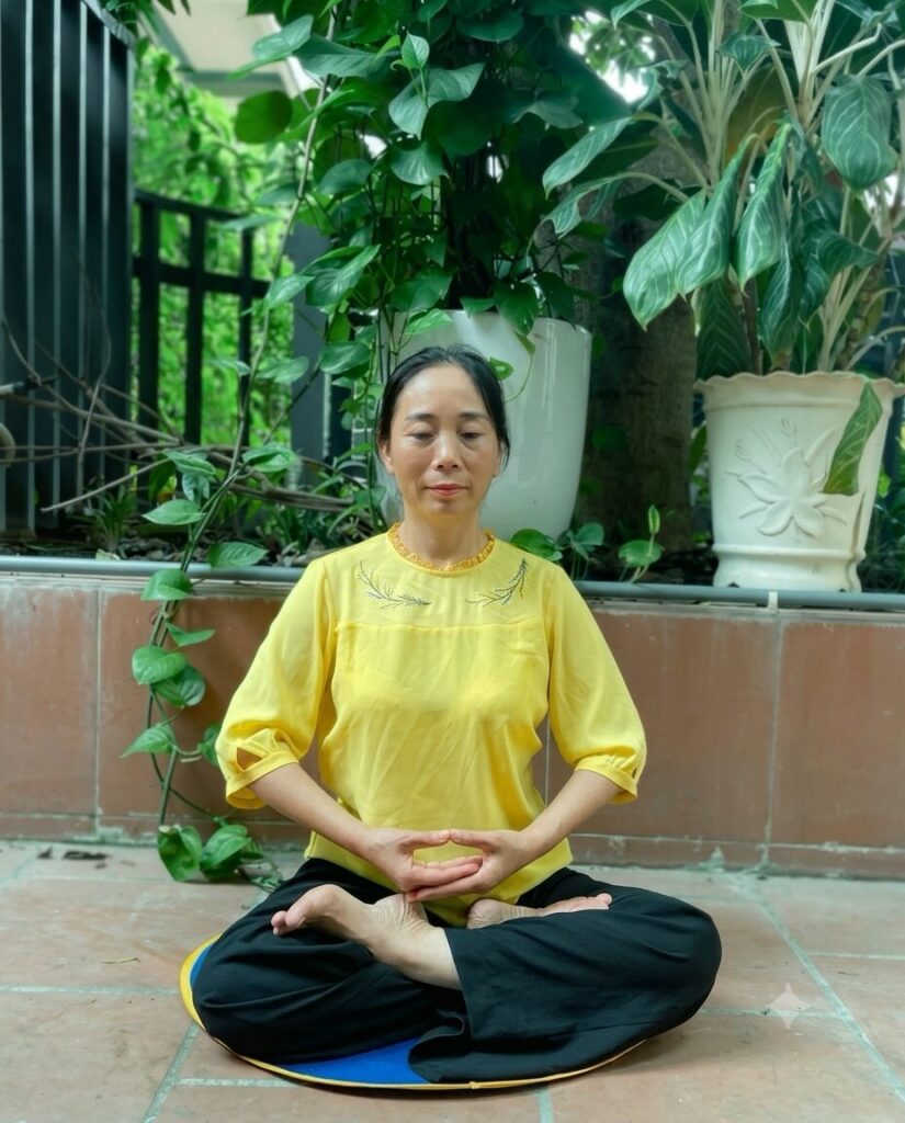 Miêu tả SEO Hà Thị Ngọc Lan ngồi thiền ngoài trời tại Vĩnh Phúc, một hoạt động được nhắc đến trong hành trình thay đổi cuộc sống của bà.