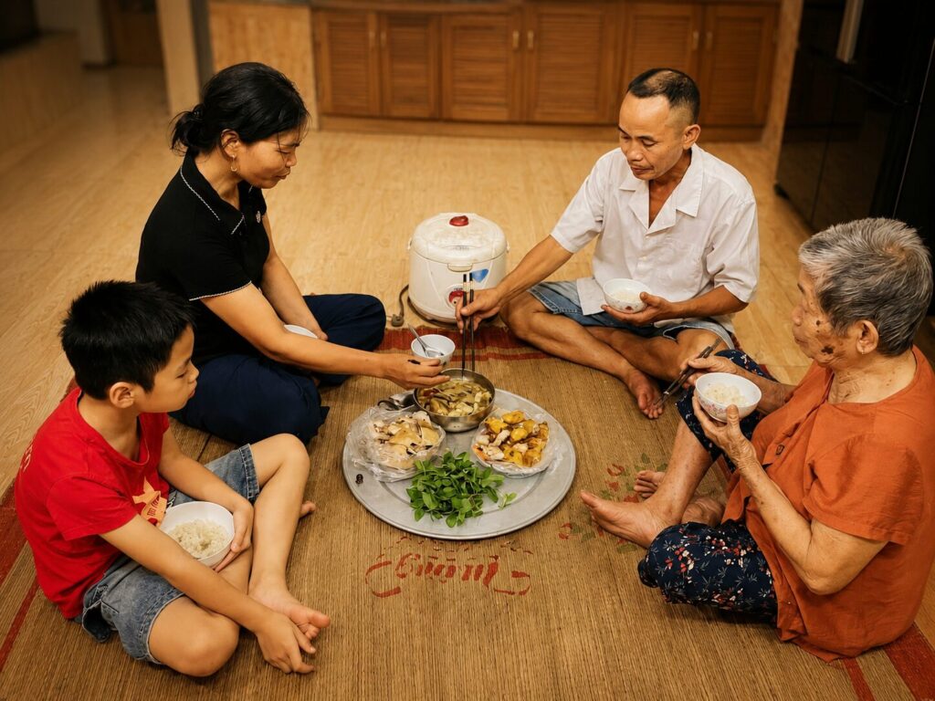 Gia đình chị Nguyễn Thị Thúy quây quần trong bữa cơm tại nhà ở phường Lê Đại Hành, thành phố Hải Phòng sau hành trình vượt qua bạo lực gia đình.