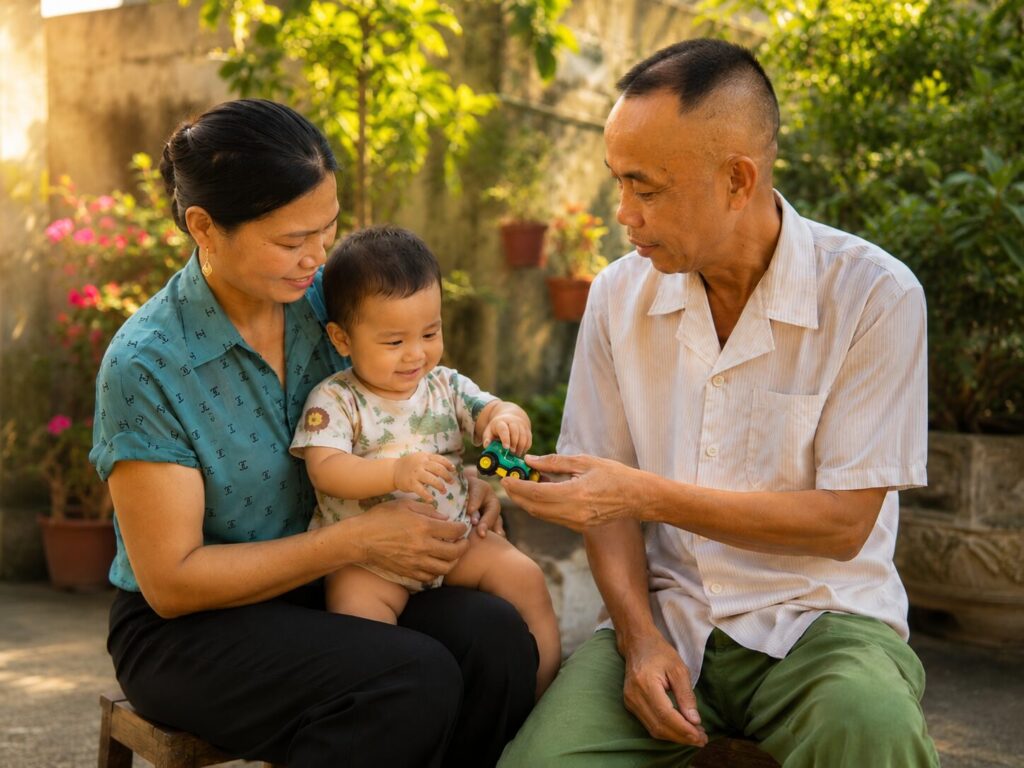 Ông bà cùng vui chơi với cháu tại nhà ở phường Lê Đại Hành, thành phố Hải Phòng, khép lại hành trình vượt qua bạo lực gia đình bằng cuộc sống bình yên.