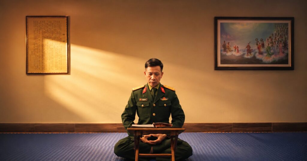 Trung tá Phạm Ngọc Lai ngồi thiền trong quân phục tại không gian sinh hoạt, hình ảnh mở đầu phóng sự về hành trình người lính thép vượt qua biến cố cuộc đời.