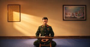 Trung tá Phạm Ngọc Lai ngồi thiền trong quân phục tại không gian sinh hoạt, hình ảnh mở đầu phóng sự về hành trình người lính thép vượt qua biến cố cuộc đời.