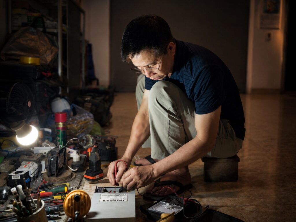 Trung tá Phạm Ngọc Lai sửa chữa hệ thống điện tại nhà, hình ảnh phản ánh cuộc sống thường ngày trong hành trình người lính thép.